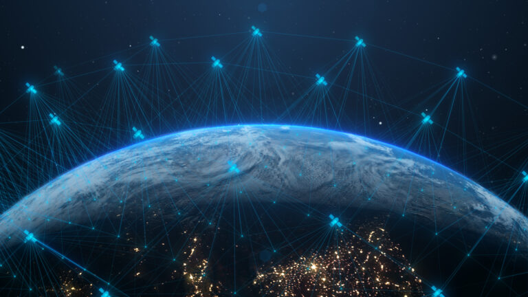 Global Nanosatellite or nanosat, satellite communication technology systems for a connected telecommunication digital world - Conceptual 3D Illustration Render