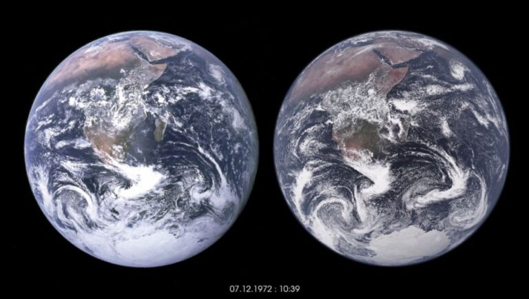 The globe on the left shows the famous "Blue Marble" photo of Earth taken by NASA astronauts during the Apollo 17 mission in 1972. The globe on the right shows a visualization of data from an ICON simulation with a 1km grid for atmosphere, land and ocean.