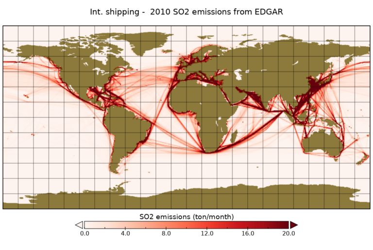 A EUMETSAT diagram of Earth, with red lines across popular shipping routes to depict shipping pollution hotspots.