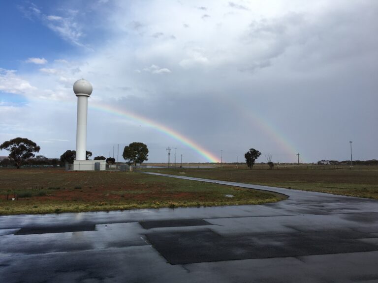 Australian Bureau of Meteorology's Kalgoorlie upgraded radar with a rainbow behind it.