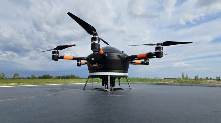 Meteodrone N360WX sits ready for takeoff on the first Meteomatics base station in the USA.