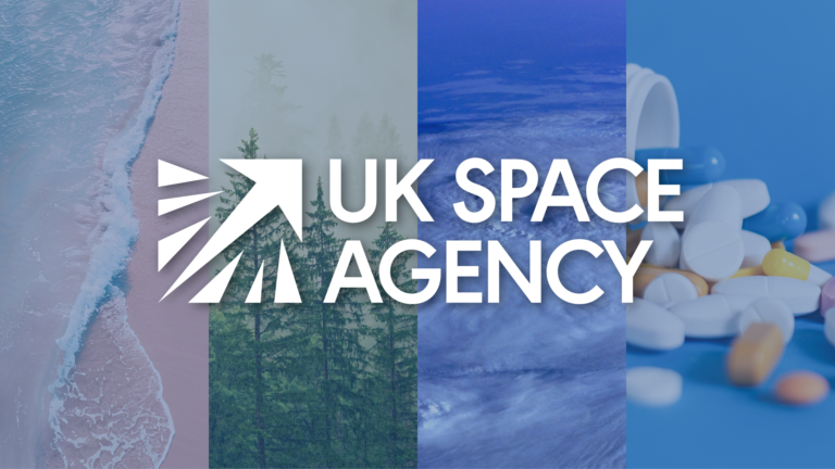 A graphic that says "UK Space Agency", against a background of four images – a beach, a forest, clouds and a bottle of pills.