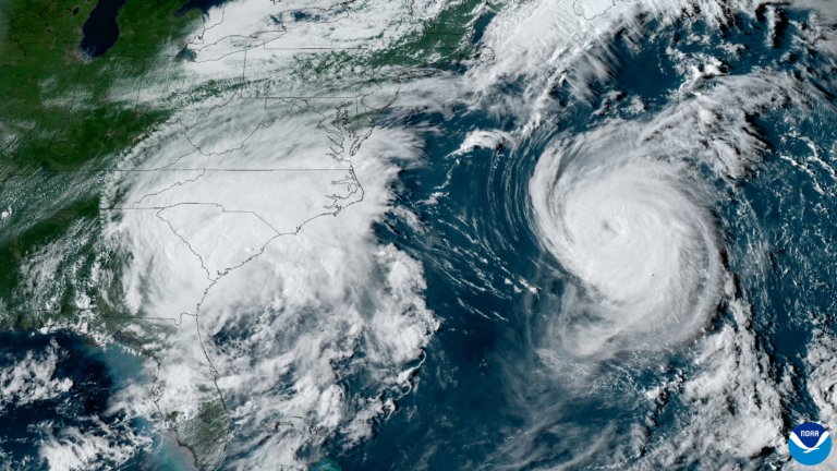 GeoColor imagery from NOAA's GOES-16 satellite of Tropical Storm Idalia and Hurricane Franklin on August 30, 2023.