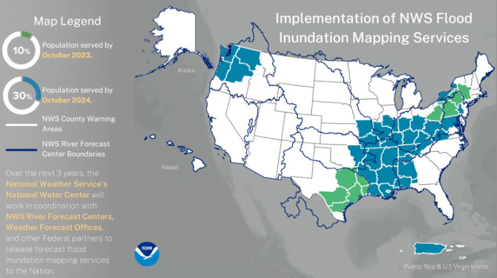 NOAA has expanded experimental flood inundation mapping (FIM) services from 10% to 30% of the US population.