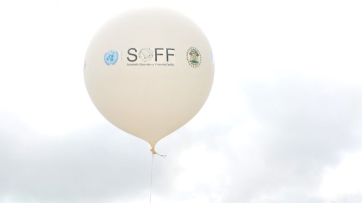 A round white balloon with the word "SOFF" on it floats up to a cloudy sky.