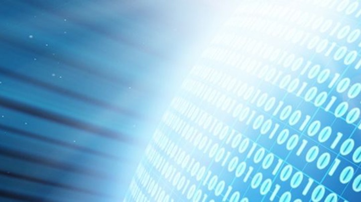 A screen with blue zeros and ones glows into the distance.