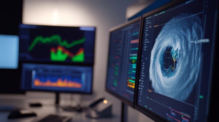 A meteorological office with several screens of maps and graphs and data.