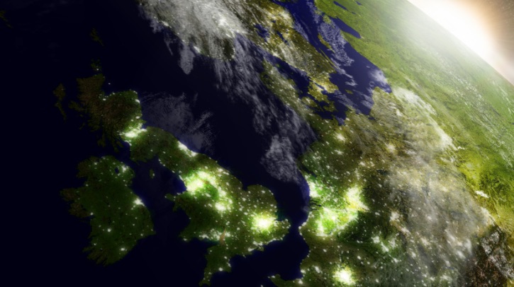 The sun rises over the United Kingdom, as seen from a satellite.