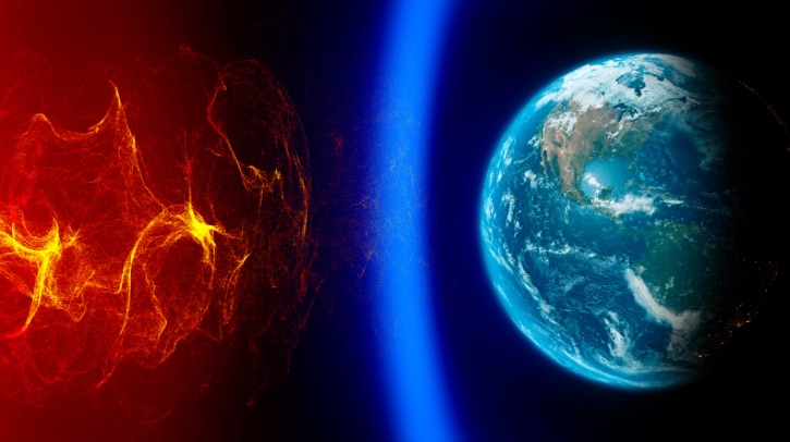 A visual representation of how the Earth's magnetic field sits between the Earth and solar wind.