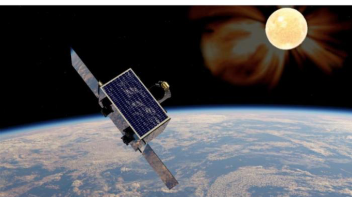 A satellite in orbit around Earth with the sun in the distance.