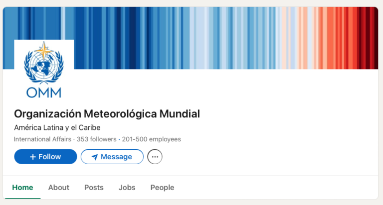 A screenshot of the WMO LinkedIn channel in Spanish for Latin America and the Caribbean, featuring the climate stripes graphic