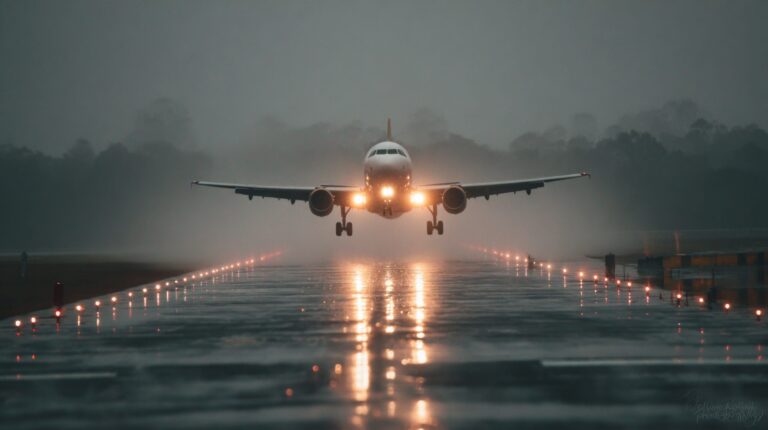 A large aircraft comes in to land at a rain-soaked runway with its lights. The runway is wet and the sky is dark with heavy clouds.