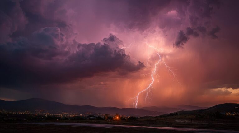 A storm cloud in the night sky, with a bolt of lightning striking the ground in front of pink and purple storm clouds.