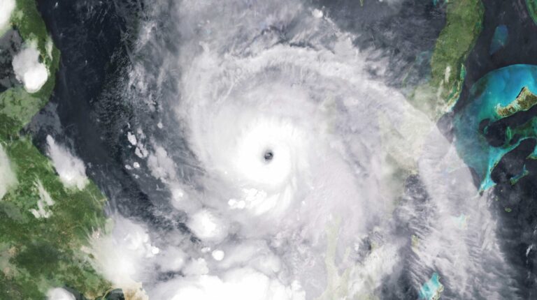 Hurricane Melissa 2025. Powerful hurricane seen from space with a clearly defined eye and swirling clouds, showcasing the immense force of nature.