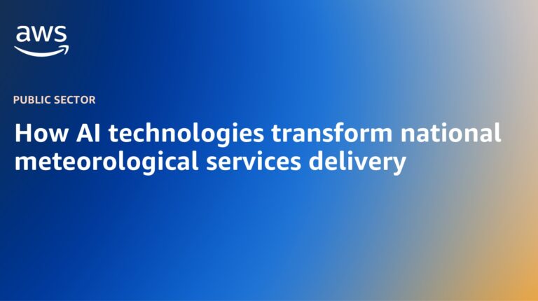 The Amazon report name, 'How AI technologies transform national meteorological services delivery', is written in white on a blue background, with the AWS logo in the top left hand corner.
