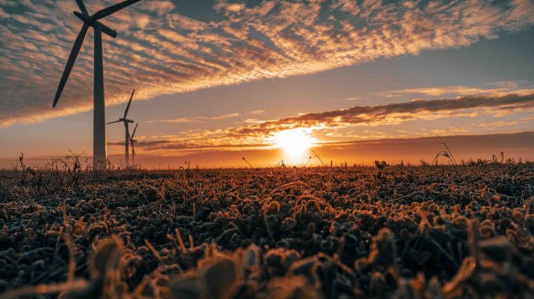 Three commercial wind turbines in thick fog at sunrise in the English countryside.